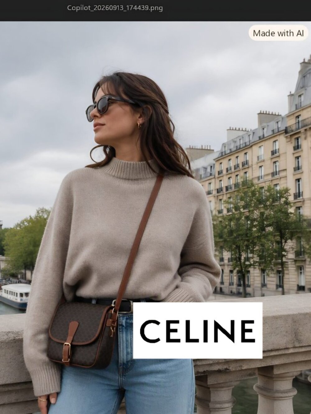CELINE Macadam Pattern Vintage Shoulder Bag Brown Camel Leather PVC Authentic